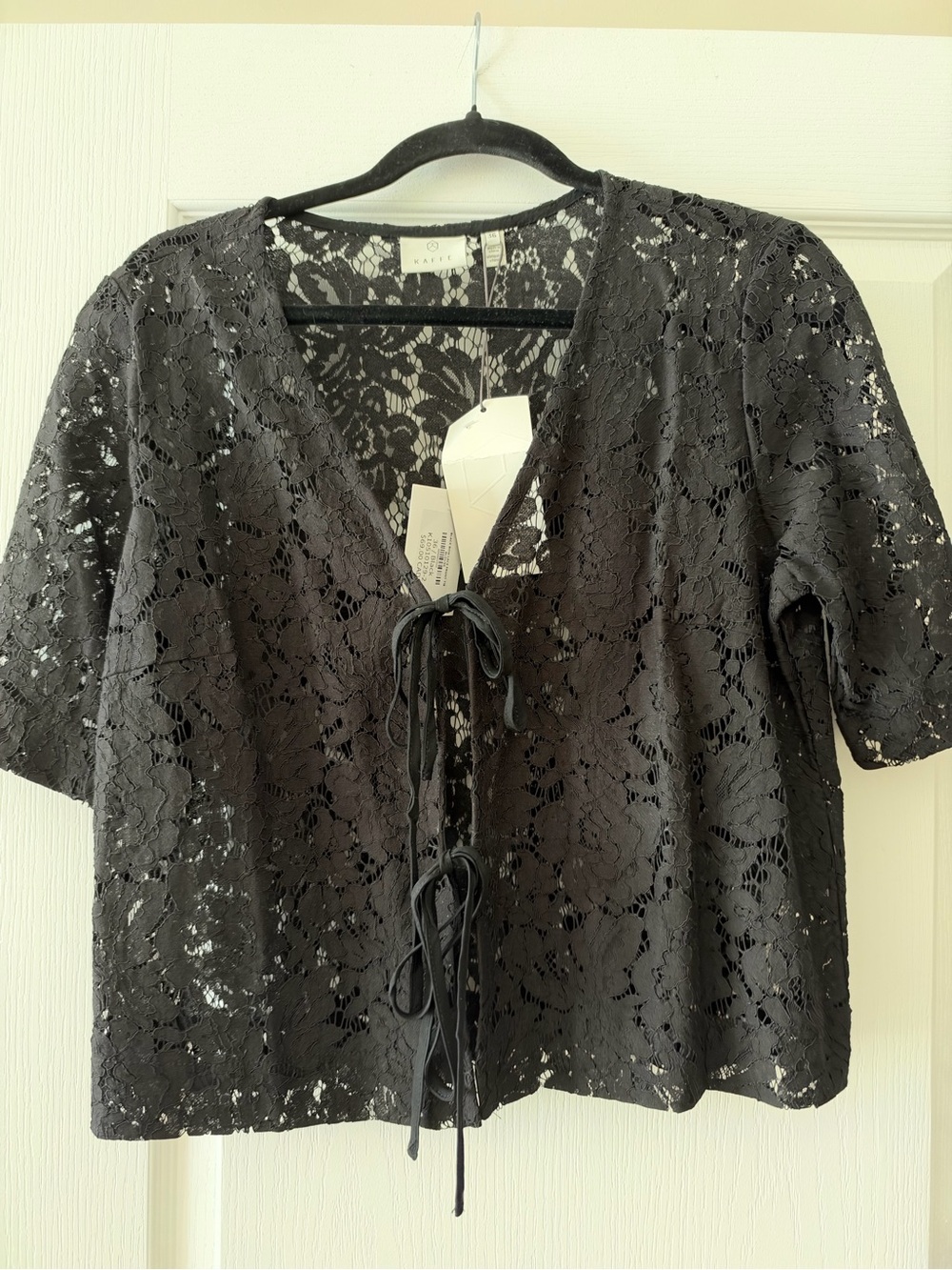 Black Lace Tie-Front Blouse with Short Sleeves